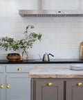 Modern kitchen with Brushed Gold Cabinet Knobs With Backplates, Zinc Alloy Kitchen Hardware on drawers, white tile backsplash