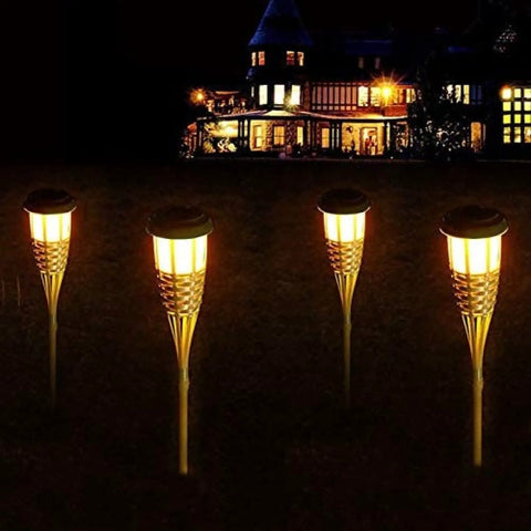 Solar Powered Bamboo Tiki Torch Lights 4 Pack For Outdoors Garden Yard And Fence Line Warm White Glow Waterproof And Rustproof
