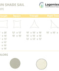 Chart showing different sizes and shapes for HDPE sun shade sails, including rectangle, square, triangle, and right triangle.