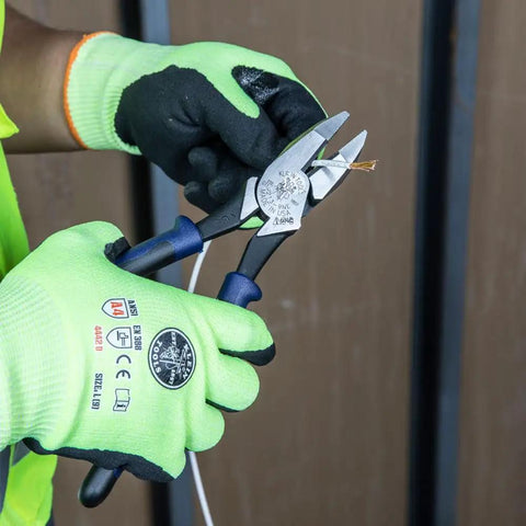 High-Leverage 9-Inch Side Cutter Lineman's Pliers With Color-Coded Handles, Made in USA, cutting wire close-up