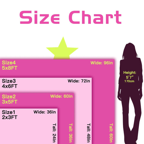 Size chart comparing dimensions of flags from 2x3 FT to 5x8 FT with a silhouette of a person for scale, pink and white design.