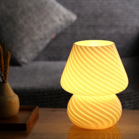 Mushroom Glass Table Lamp With White Stripe, Vintage Murano Inspired Night Light For Bedroom And Living Room, Ambient Warm White LED