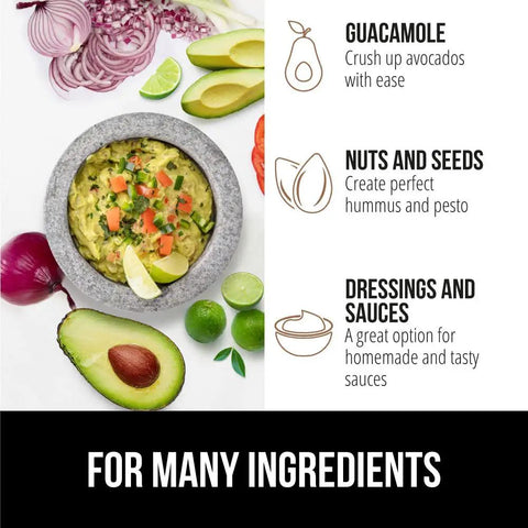 Image of ingredients with 100 Percent Natural Granite Mortar And Pestle Set with guacamole, limes, avocado slices, and onions