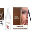 Flora Ruby Eyelash And Eyebrow Dye kit featuring dye tube, developer, and applicator brush for natural results.