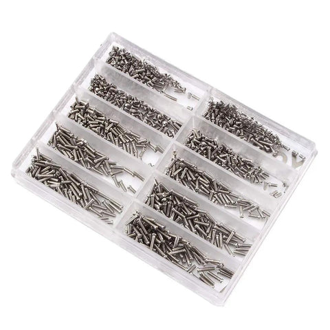 Top Shelf Stainless Steel Watch Repair Tool Kit Features One Thousand Micro Eyeglass And Clock Back Screws For Quick Spectacle Adjustments No Sweat At All, organized in a clear container.