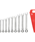 Ratcheting Wrench Set 12-Piece 8-19 Mm With Holder Included For Quick Turns, durable steel mechanics tool shown with red holder