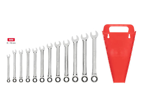 Ratcheting Wrench Set 12-Piece 8-19 Mm With Holder Included For Quick Turns, durable steel mechanics tool shown with red holder