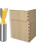 Top Shelf Five Piece Dovetail Router Bit Set 1/2 Inch Shank with a visible cutter next to half-blind dovetail joints in wood.