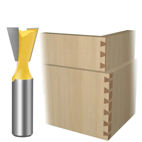 Top Shelf Five Piece Dovetail Router Bit Set 1/2 Inch Shank with a visible cutter next to half-blind dovetail joints in wood.