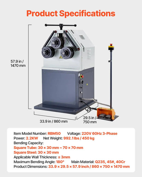 Industrial 2.2kw Electric Pipe Roll Bender With Three Roller Design For Precision Rolling Up To 3mm Thickness And 180 Degree Max Bending Angle on display with specifications.