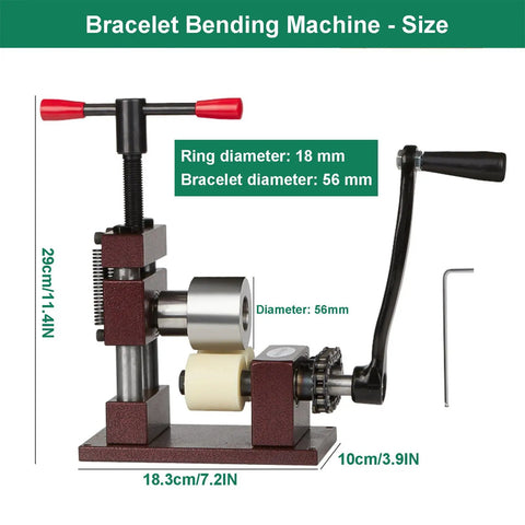 Pretty Dang Reliable Manual Ring And Bracelet Bending Machine With Rock Solid 2.2 Inch Steel Shaft and Smooth Hand Crank Action, size dimensions shown