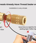 Brass One Quarter Inch NPT Male Air Hose Fittings Quick Coupler Set Heavy Duty Industrial Grade With Sealant For Pro Job Sites And Auto Shops Two Pack Air Connectors Built To Last, installation shown with threaded seal.