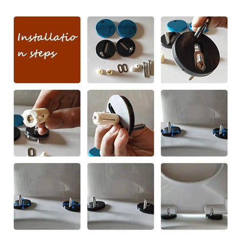 Installation steps for Heavy Duty Toilet Seat With Lid And Slow Close Mechanism For Standard Bowls, showing components and assembly.
