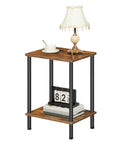 Industrial Style End Table for Small Spaces, Rustic Brown Two-Tier Side Table with Stable Frame, lamp and books displayed