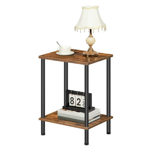 Industrial Style End Table for Small Spaces, Rustic Brown Two-Tier Side Table with Stable Frame, lamp and books displayed