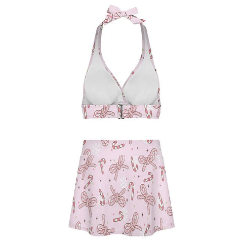 Two Piece High Waist Bikini With Cute Bow Ties And Back Cutout Yacht Ready Swimsuit With A Flirty Side Slit Mini Skirt Adjustable Straps