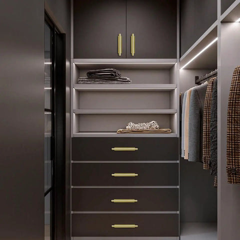 Closet with installed Self Stick Push Pull Helper 20 Pack Hidden Cabinet Handle ABS Plastic Door Window Wardrobe Handle