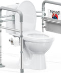 Rock Solid Adjustable Toilet Safety Rail And Grab Bar For Seniors, Supports Up To 350 Pounds With Reinforced Pivot Clamps next to toilet.