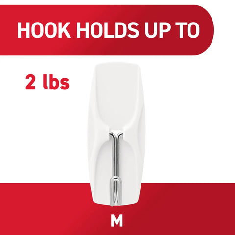 Medium Wire Toggle Hooks Set With 7 Wall Hooks And 8 Adhesive Strips For Damage Free Hanging No Tools Needed Holds Up To 2 Pounds Perfect For Quick Organization And Storage, showing a medium white hook with a weight capacity label.