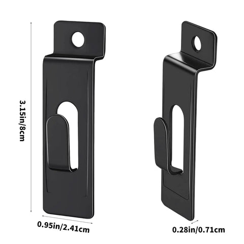 Black metal 20 Pack Slatwall Notch Hooks For Flexible Displays in different sizes, side view, for home and retail use.