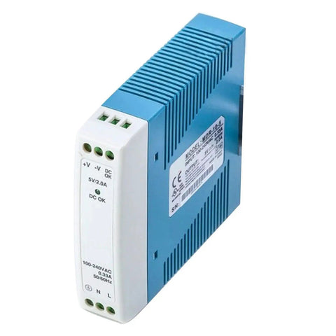 Rugged Industrial Grade 5V 2A DIN Rail Power Supply 10W With Wide Input 85 To 264VAC Or 120 To 370VDC, Fully Regulated Output UL508 Certified With TUV EAC BSMI ASNZS, Ideal For Factory Automation And Continuous Duty Use, blue metal DIN rail power supply
