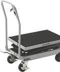 Rock Solid Hydraulic Lift Table Cart Two Speed Rolling Work Platform Supporting Five Hundred Pounds With No Sweat Height Adjustments For Busy Warehouses And Garages, close-up view showing sturdy construction.