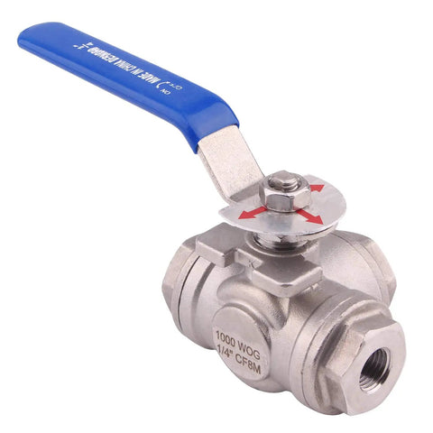 Go-To 3-Way Ball Valve With T Mounting Pad, Stainless Steel 304, 1/4 Inch NPT Ports, Vinyl Locking Handle, Side View