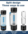 Hydrogen Water Generator Bottle With Dual Chamber SPE PEM Tech showing split design and three usage modes.