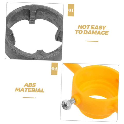 Close-up of Hardcore Pipe Threader Kit showing metal threading tool and yellow ABS component with durability notes.