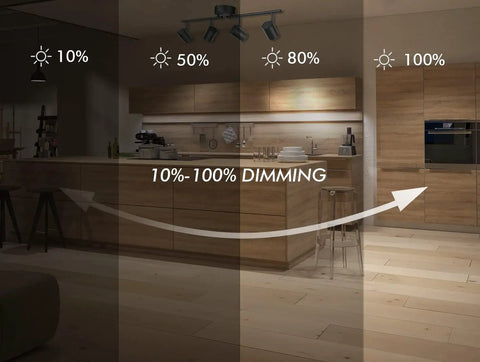 Kitchen with dimming levels under Six-Head Dimmable LED Track Lighting Kit, 40W, 3000K/4000K/5000K Selectable, 3000lm, CRI90, COB.