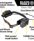 Rechargeable Portable Cooling Turbo Fan For Hard Hats And Safety Helmets with dual-mount strap and adjustable vent features shown.