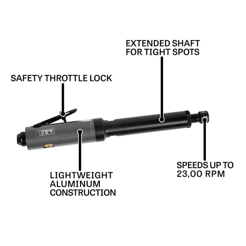 Pneumatic 1/4 Inch Die Grinder With Extended Shaft, 23000 RPM, Variable Speed Throttle, Lightweight Aluminum Body, Safety Lock visible.