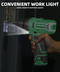 Cordless 12V Max Power Drill With 3/8 Inch Keyless Chuck, Lightweight and Compact, showing LED Work Light illuminating hinge
