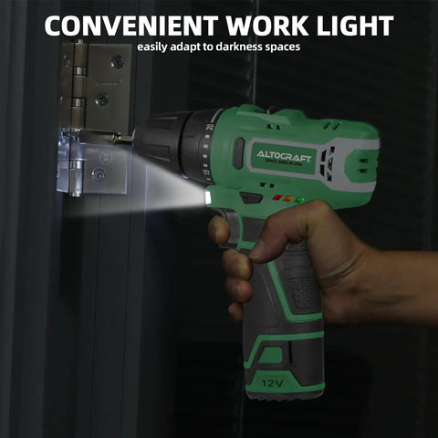 Cordless 12V Max Power Drill With 3/8 Inch Keyless Chuck, Lightweight and Compact, showing LED Work Light illuminating hinge