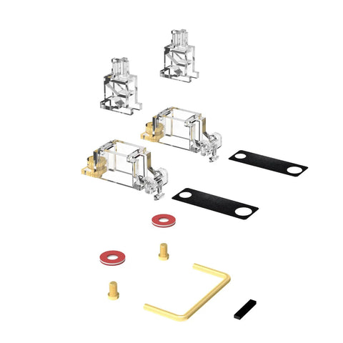 Premium V3 Pcb Mount Screw-In Keyboard Stabilizers With Pre-Clipped Stems and Elastic Support Base, showing parts and accessories.