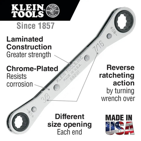 Ratcheting Box Wrench Set SAE One Quarter Inch To Three Fourth Inch Five Piece Kit with ten sizes, chrome-plated, made in USA, features descriptions.