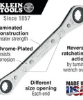 Ratcheting Box Wrench Set 7-Piece Heavy Duty Pro-Grade Laminated Steel With Roll-Up Pouch Dual End Sizes Rust-Resistant Chrome Finish Reverse Ratcheting Action By Flipping The Wrench Made In USA product details and features display.