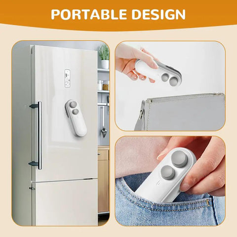 2 In 1 Rechargeable Bag Sealer With Cutter And Magnet on fridge and in pocket, white portable design