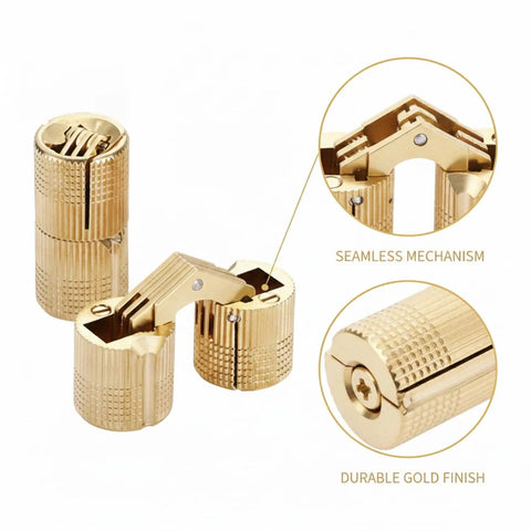 Close-up of Hidden Barrel Hinge With Gold Finish Zinc Alloy Hardware For Jewelry Boxes and Cabinets showing seamless mechanism