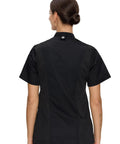 Back view of Women Short Sleeve Chef Coat In Sleek Black Legit Culinary Jacket with side vents and breathable mesh for comfort.