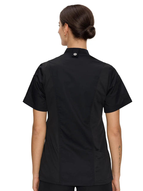 Back view of Women Short Sleeve Chef Coat In Sleek Black Legit Culinary Jacket with side vents and breathable mesh for comfort.