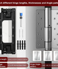 Heavy Duty Hinge Jig Kit For Doors With Eight Size Options From Two Point Five To Six Inches And Five Thicknesses Includes Router Mortise For Precise Install Easy Setup For DIY And Pro Use At Home Or In The Shop; components and diagram showing hinge sizes and patterns.