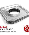 Disposable Stove Burner Liners Pack Of 50 Square 8.5 Inch Gas Rangetop Protectors shown stacked