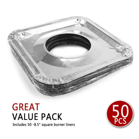 Disposable Stove Burner Liners Pack Of 50 Square 8.5 Inch Gas Rangetop Protectors shown stacked