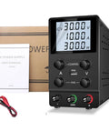 Variable DC Power Supply 30V 10A Lab Bench Power Source with cords and manual, showcasing control panel and packaging.