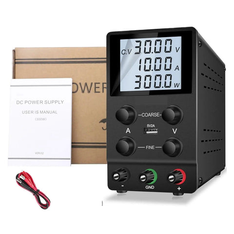 Variable DC Power Supply 30V 10A Lab Bench Power Source with cords and manual, showcasing control panel and packaging.