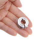 Hand holding Split Clamp On Shaft Collar 3/8 Bore 7/8 Inch Outer Diameter 11/32 Inch Width 304 Stainless Steel Rock Solid Set Screw Style