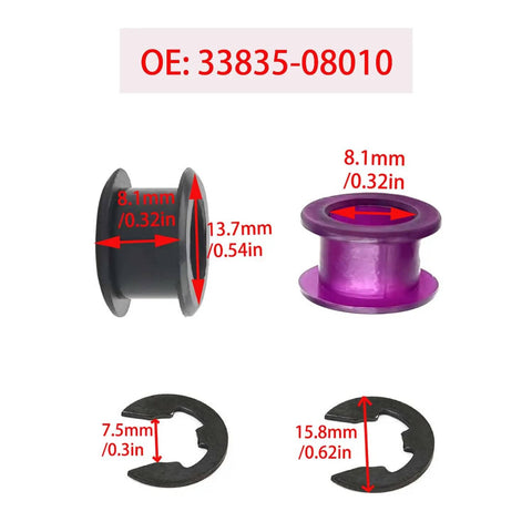 Shift Cable Bushing Repair Kit with Retaining Clips for Toyota Saturn Jeep Chevrolet Pontiac, includes bushings and clips dimensions.