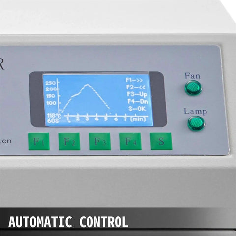 Pro Grade Desktop Reflow Oven Soldering Station with control panel showing temperature wave and auto cycle settings