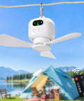 Portable 11 Inch Battery Operated Ceiling Fan With Lights For Camping And RV Life hanging near a tent, remote control shown.